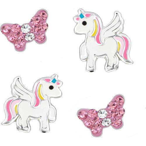 Lot De 2 Paires De Boucles D'oreilles Pour Enfant Licorne Et Fleur Cristal En Argent 925 Dans Un Écrin À Bijoux