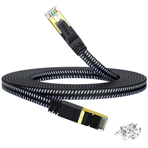 Cable Ethernet 30m Cat 8, Cable RJ45 Plat Nylon Tressé, Cable Réseau Haut Débit - 40 Gigabits/S - 2000 MHz, Cable Internet LAN