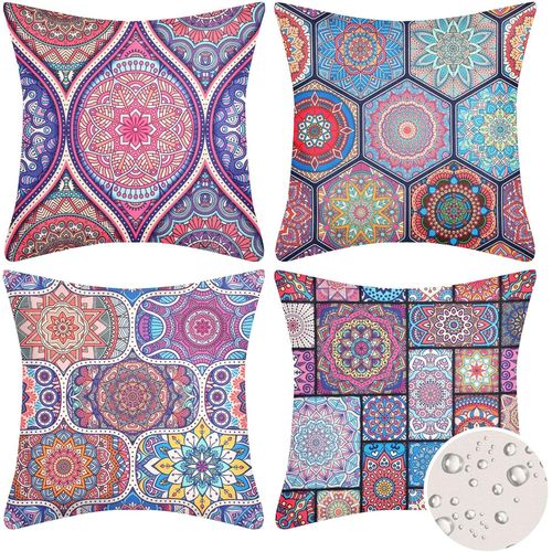 Mandala Taie d'oreiller étanche Géométrique Ethnique Fleur Extérieur Housse de Coussin Carré Lin Extérieur Décoratif pour Patio Tente Canapé 45x45 cm Lot de 4