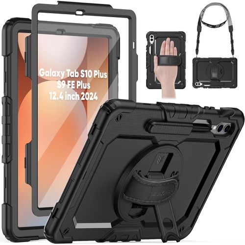 Coque Pour Samsung Galaxy Tab S10+ Plus / S9 Fe+ Plus / S9 Plus 12,4"" 2024/2023, Coque Antichoc Avec Protecteur D'écran, Support Rotatif À 360°/Dragonne, Bandoulière, Porte-Stylo, Noir