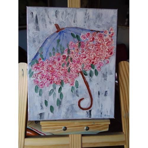 Tableau fait main "parapluie aux roses"