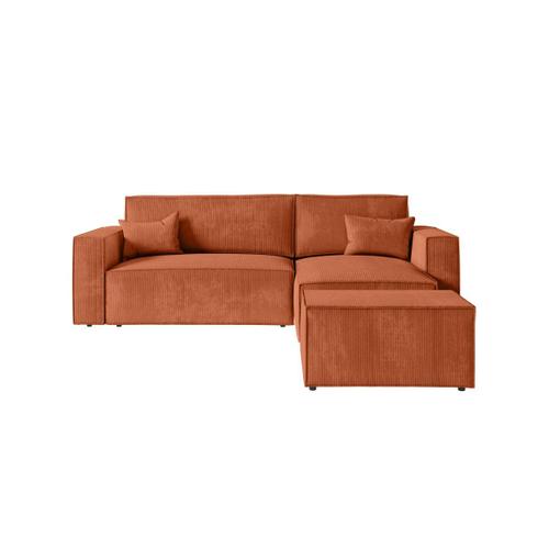 Pack - Clarisse - Canapé D'angle Convertible Réversible Avec Pouf En Velours Côtelé - Terracotta