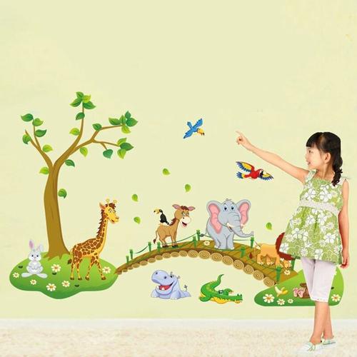 Muraux Animaux de la Jungle Autocollant Mural Arbre Lion Girafe Éléphant Chambre Enfants Bébé Salon Décoration Murale