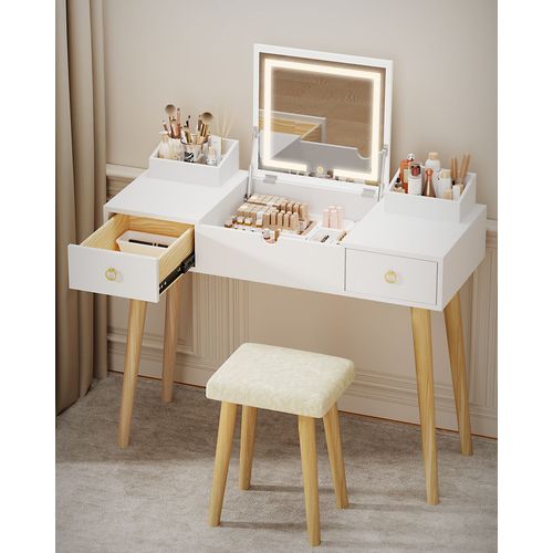 Coiffeuse Miroir Led Avec Tabouret - Meuble Maquillage - Bureau Coiffeuse Blanche