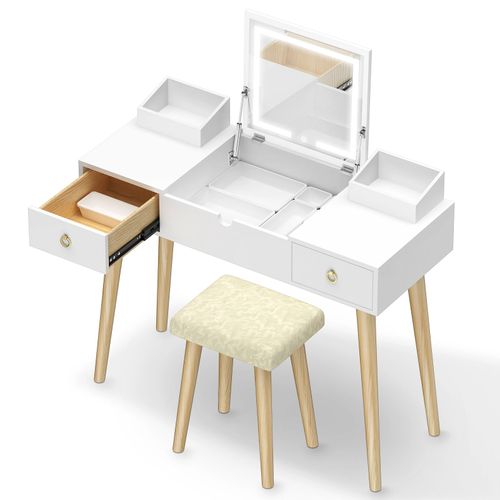 Coiffeuse Miroir Led - Avec Tabouret - Miroir Rabattable 3 Color + 2 Tiroirs En Bois
