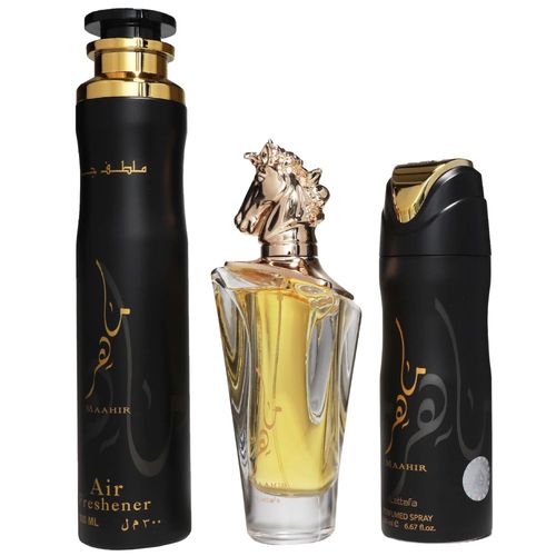 Lattafa - Coffret Cadeau Maahir - Eau De Parfum 100 Ml - Déodorant 200 Ml - Désodorisant 300 Ml - 