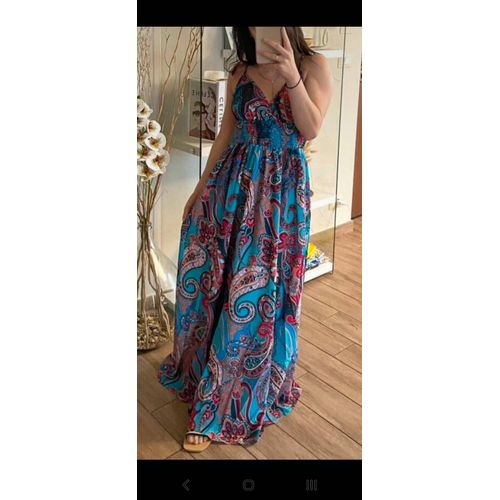 Robe Longue À Imprimé, Bleu Azur Dos Croisé Shein Taille S