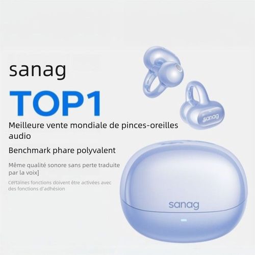 SANAG Oreillettes sans Fil Sportives à Conduction Osseuse et Aérienne, Clip-Oreille Non-Intrusives---S8S AI bleu