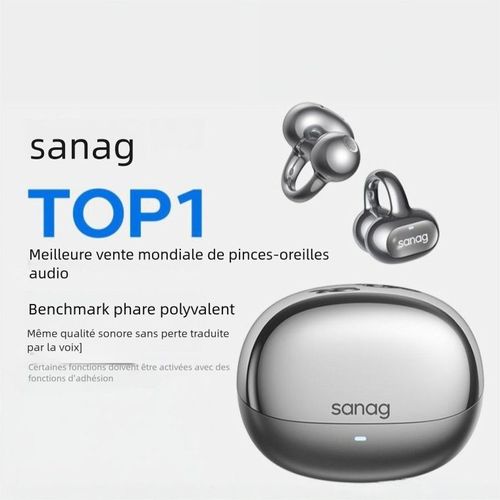 SANAG Oreillettes sans Fil Sportives à Conduction Osseuse et Aérienne, Clip-Oreille Non-Intrusives---S8S AI noir