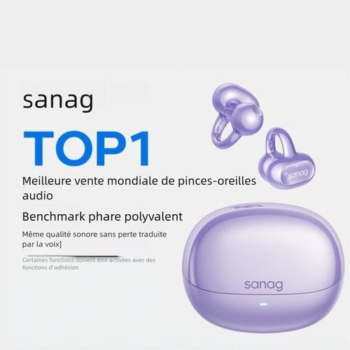 SANAG Oreillettes sans Fil Sportives à Conduction Osseuse et Aérienne, Clip-Oreille Non-Intrusives---S8S AI violet