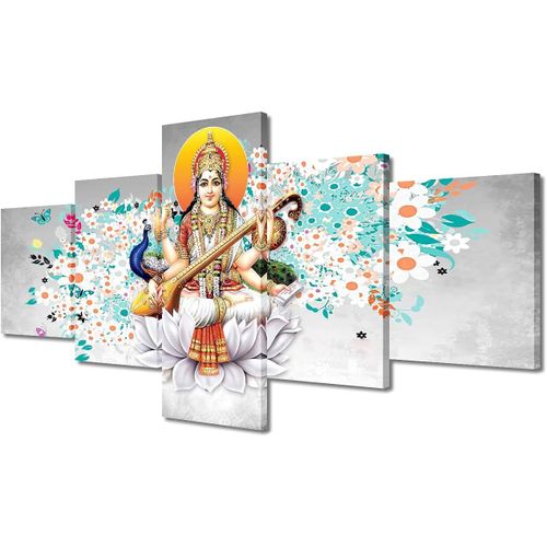 Peintures murales pour salon, décoration murale indienne, images d'hindouisme, belles peintures murales Saraswati, décoration d'intérieur moderne 100 x 55 cm. (sans cadre)