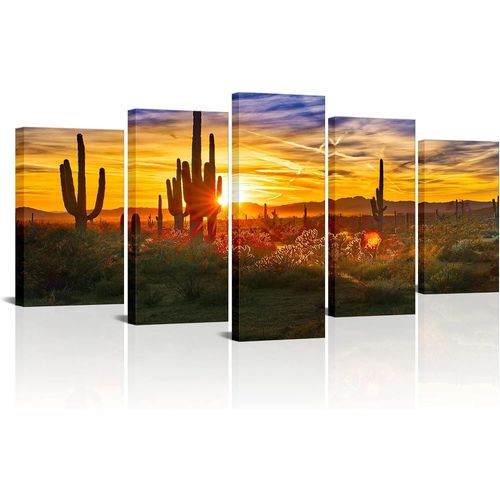 CanvaWall Art Coucher de soleil en Arizona Désert de Sonora Peinture Paysage naturel occidental Cactus Saguaro Impression sur toile Décoration botanique du sud-ouest pour 100 x 55 cm. (sans cadre)