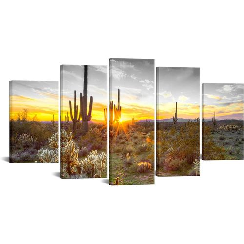 CanvaWall Art Coucher de soleil doré en Arizona Désert de Sonora Paysage Peinture photos Saguaro Cactus Impression sur toile Décoration sud-ouest pour bureau, salon 100 x 55 cm. (sans cadre)