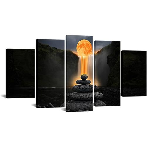 CanvaWall Art Peinture de cascade de pleine lune - Impression de pierres zen - Décoration murale - Noir et or - Poster photo tendu pour salon, chambre à coucher 100 x 55 cm. (sans cadre)