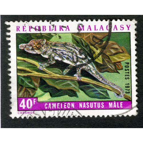 Timbre Oblitéré Repoblika Malagasy, Caméléon Nasutus Malle, Postes 1973, 40 F