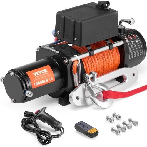 Treuil Électrique-VEVOR-4536 kg 12 V CC-avec Corde Synthétique ¿0,9 x 1981,2 cm-Guide-câble-Télécommande Sans Fil et Filaire