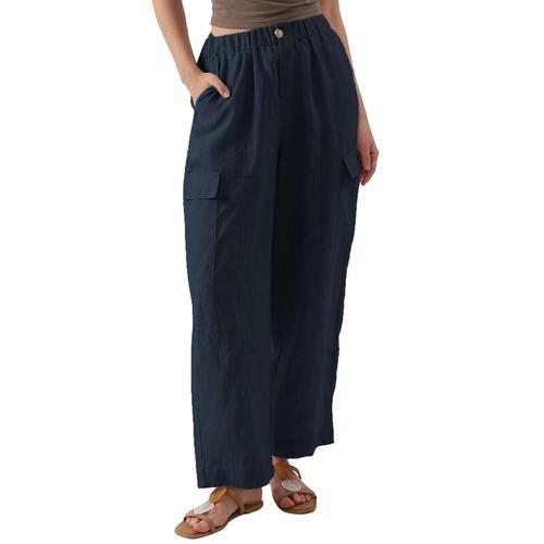 Pantalon Femme Coton Lin Taille Élastique Bleu Foncé M