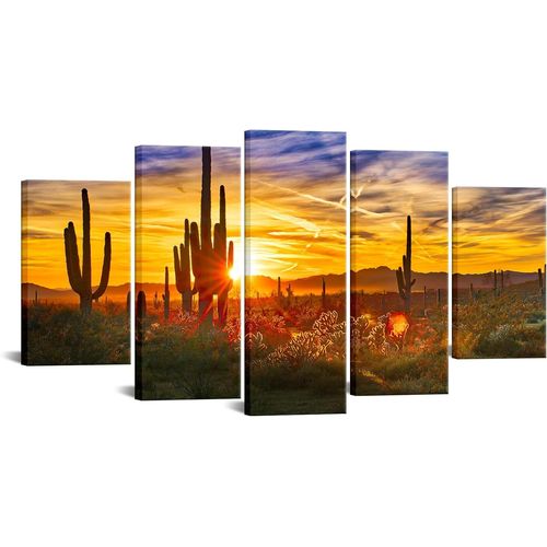 Impression sur toile du désert de l'Arizona, Saguaros au grand coucher de soleil, peinture giclée, affiche de paysage américain pour la maison, le salon, la cuisine 100 x 55 cm. (sans cadre)