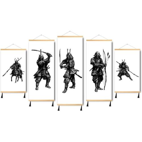 Art nordique minimalisme ancien samouraï japonais impression sur toile avec porte-affiche en bois peinture de figurine de guerrier noir et blanc pour la décoration de bur 100 x 55 cm. (sans cadre)