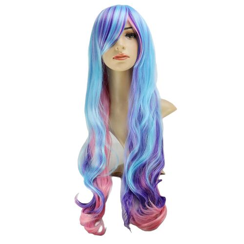 Perruque De Cheveux Bouclés De Couleur Mixte Violet Bleu Clair Perruque Arc-En-Ciel Femme Longue Bouclée Multicolore 