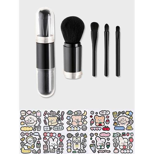 Dessin Animé Télescopique 4 En 1 Voyage Pinceaux De Maquillage Portables Ensemble Pinceau Fard À Paupières Lèvres Cosmétiques Kit De Pinceau De Maquillage Pour Le Visage Outils De Beauté Noir Argent 