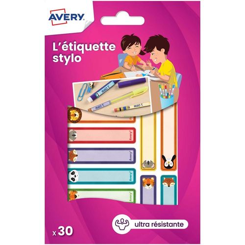Avery Sachet De 30 Étiquettes Stylos Motifs Animaux - 50 X 10 Mm