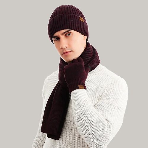 Costume Chaud Haut De Gamme Hiver Et Automne, Laine Tricotée, Couleur Mixte, Écharpe Épaisse, Gants, Costume Trois Pièces, Taille Unique, Couleur Vino