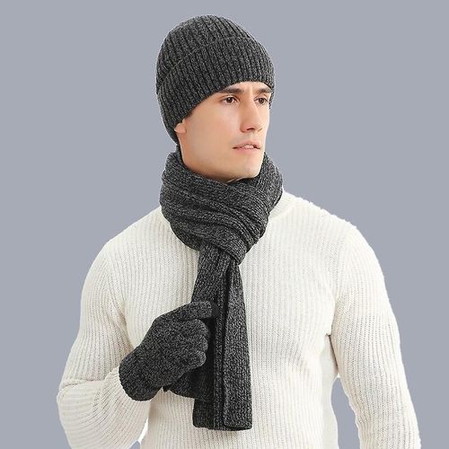 Costume Chaud Haut De Gamme Hiver Et Automne, Laine Tricotée, Couleur Mixte, Écharpe Épaisse, Gants, Costume Trois Pièces, Taille Unique, Gris Oscuro