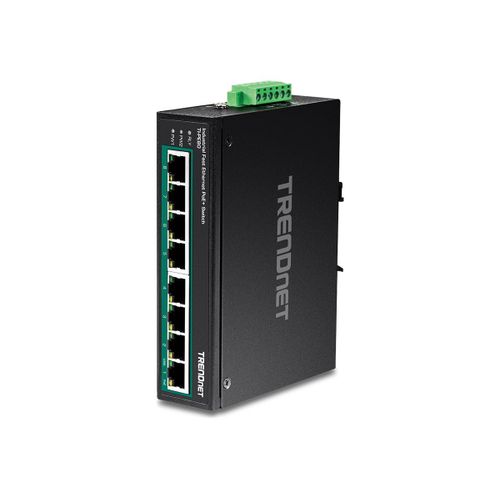 TRENDnet TI-PE80 - Industrial - commutateur - 8 x 10/100 (PoE+) - Montage sur rail DIN, fixation murale - PoE+ (200 W) - Tension CC - Conformité TAA