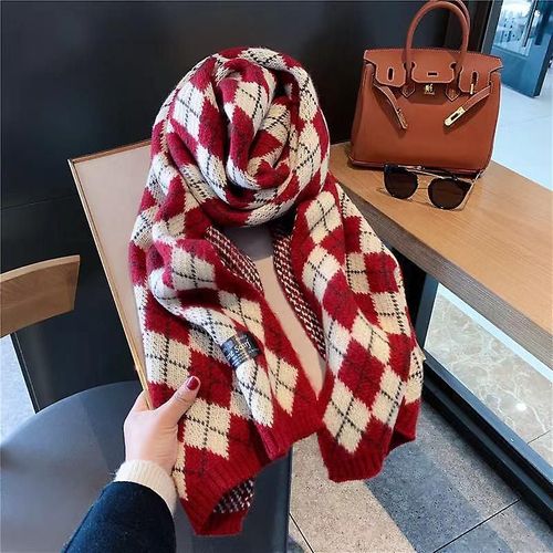 Écharpe Fine Sauvage Pour Femmes, Rétro, Treillis De Diamant, Imitation Cachemire, Châle Tricoté Épais, Taille Unique, Rojo, Hiver