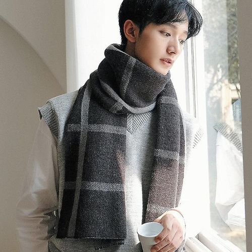 Écharpe D'hiver Hommes Femmes Classique Ethnique Tricoté Coréen Plaid Étudiant Écharpe Taille Unique Noir