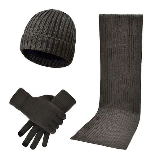 Style Européen Et Américain Hommes Et Femmes Laine Épaisse Tricoté Écharpe Gants Ensemble Chaud Trois Pièces Ensemble Taille Unique Rayé Gris