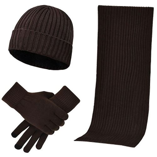 Style Européen Et Américain Hommes Et Femmes Laine Épaisse Tricoté Écharpe Gants Ensemble Chaud Trois Pièces Ensemble Taille Unique Café Rayé