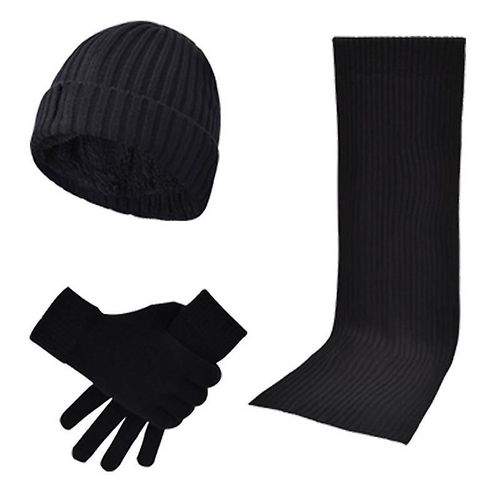 Style Européen Et Américain Hommes Et Femmes Laine Épaisse Tricoté Écharpe Gants Ensemble Chaud Trois Pièces Ensemble Taille Unique Rayé Noir