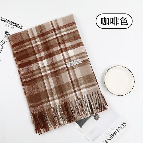 Mode Coréenne Femmes Automne Hiver Mince Plaid Écharpe Gland Imitation Cachemire Châle Taille Unique Caqui Oscuro