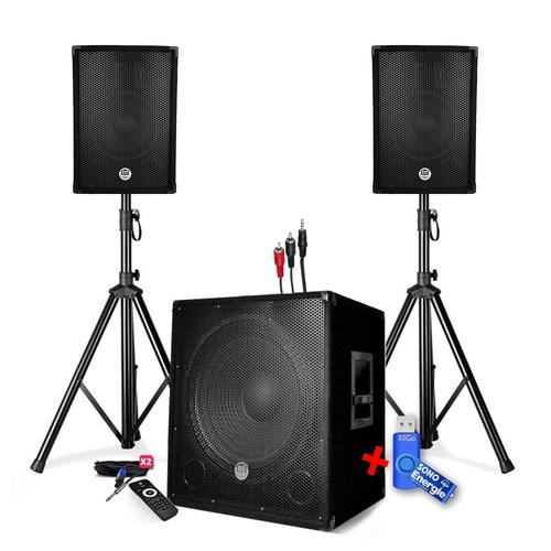 PACK SONO ENCEINTE + CAISSON DE BASSES USB Bluetooth + PIEDS + CABLES HP et PC offerts - PA DJ SONO MIX+Clé USB 32G