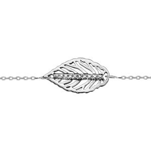 Bracelet Argent Rhodié Feuille Oxydes Blancs Sertis 16+2cm