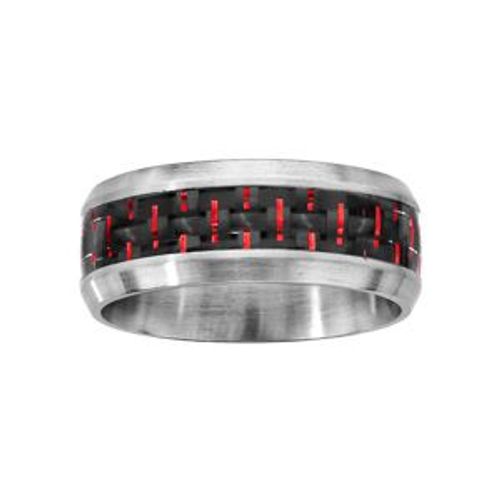 Bague Acier Satiné Carbone Reflet Couleur Rouge