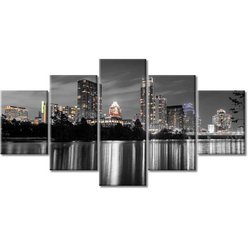 Art mural noir et blanc Austin Night Buildings Paysage urbain Impression sur toile Décoration murale pour salon Austin Skyline Chambre Décoration pour murs de maison 150 x 80 cm. (sans cadre)