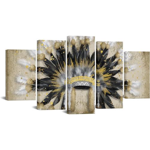 Indien CanvaWall Art Coiffe de chefs amérindiens à plumes Peinture photos vintage pour la maison, le salon, décoration murale dorée et noire 150 x 80 cm. (sans cadre)