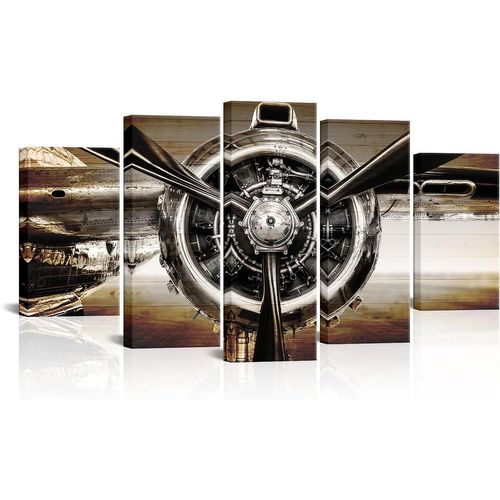 Toile d'avion rétro avec moteur à hélice d'avion sépia, décoration d'avion vintage pour la maison, le bureau, le salon, marron 150 x 80 cm. (sans cadre)