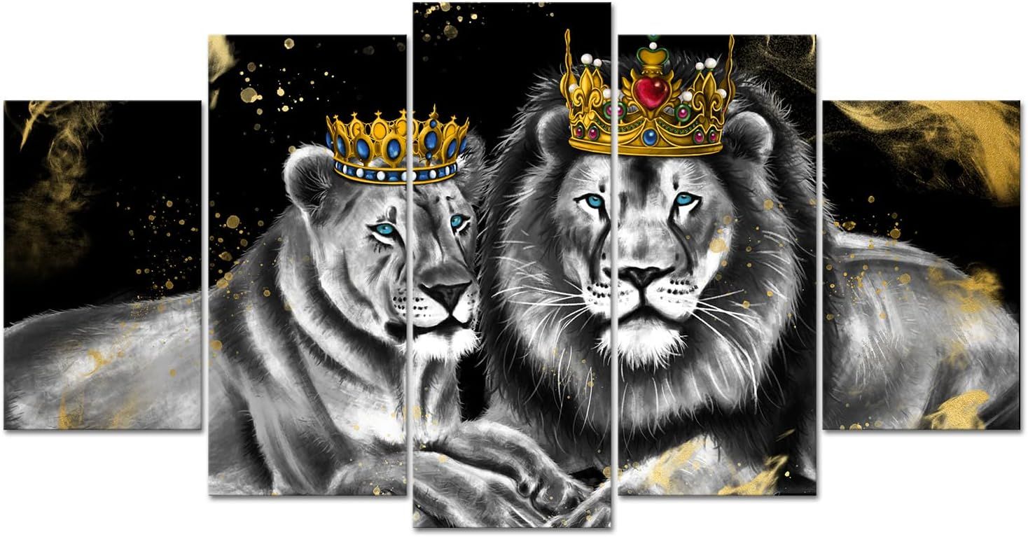 Tableau mural sur toile avec lion, roi et reine avec couronn...