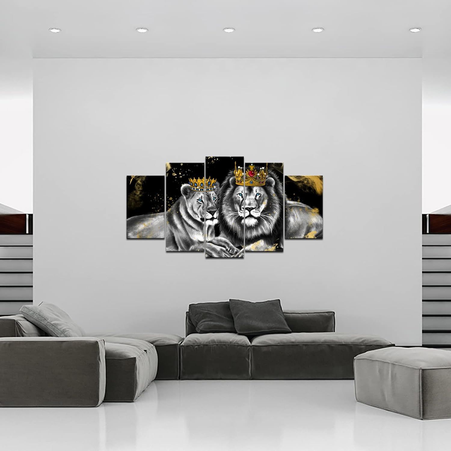 Tableau mural sur toile avec lion, roi et reine avec couronn... - 2