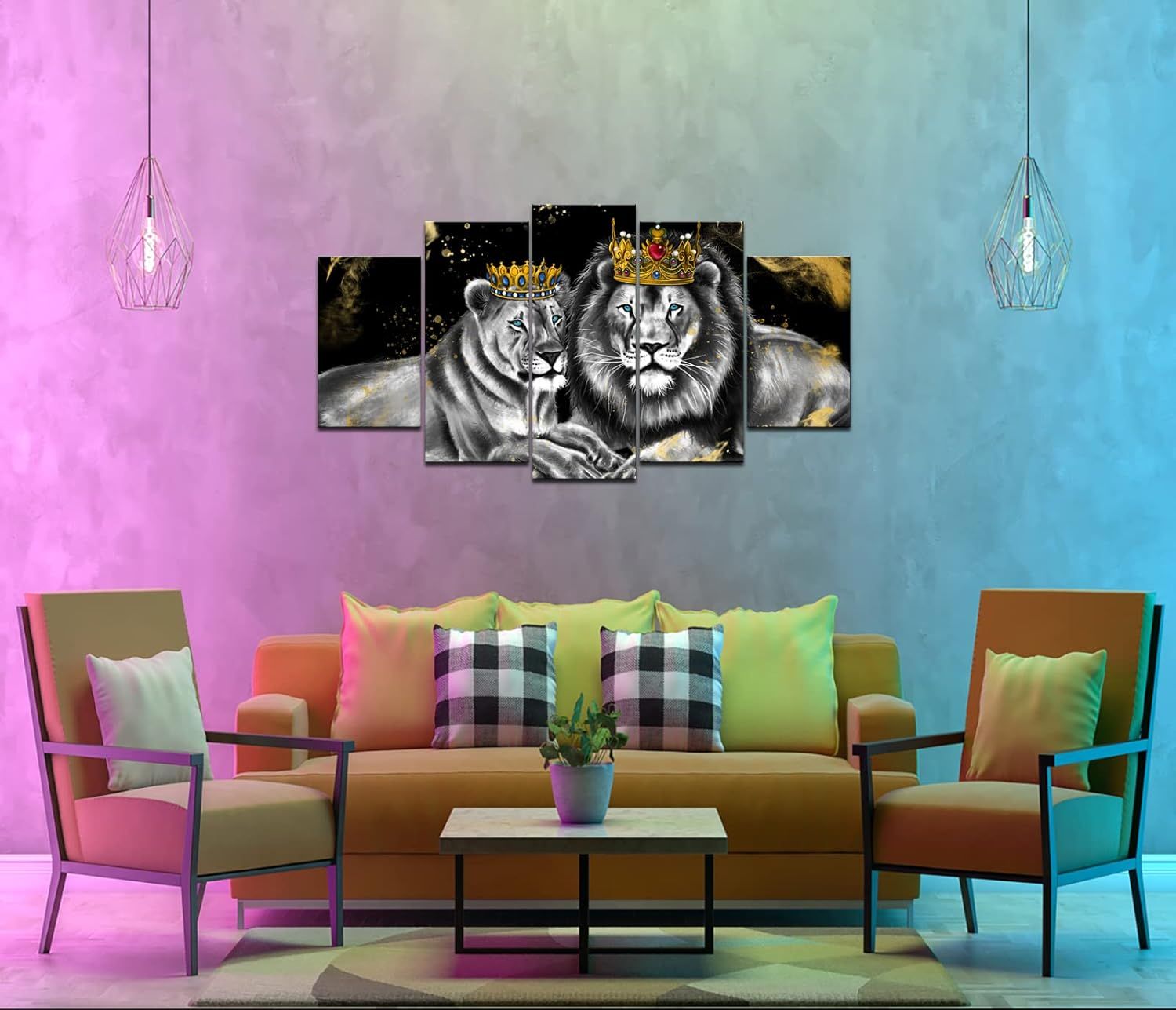 Tableau mural sur toile avec lion, roi et reine avec couronn... - 5
