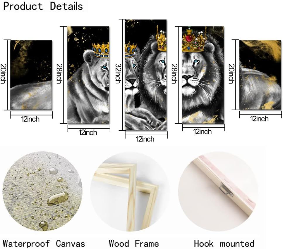 Tableau mural sur toile avec lion, roi et reine avec couronn... - 6
