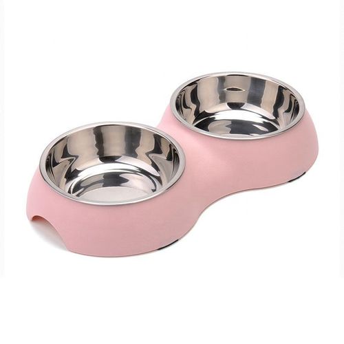 Gamelle Double Chien Ou Chat Avec Bol Inox Amovible. Couleur Rose