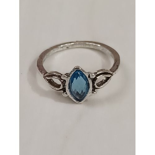 Bague Métal Argenté,Strass Ovale Bleu,Taille 16.88 Mm