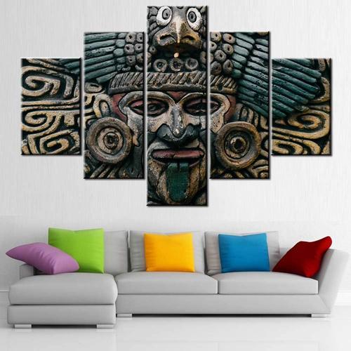 Art mural Totem du Mexique antique - Peintures de masques mayas et aztèques imprimées sur toile giclée contemporaine - Décoration de salon et de maison tendue 200 x 100 cm. (sans cadre)