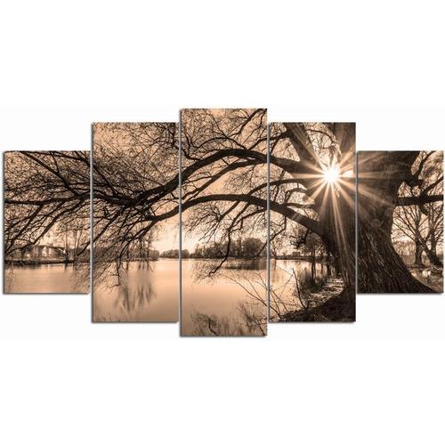 CanvaWall Art Arbre au bord d'un lac au coucher du soleil - Impression sur toile vintage - Paysage sépia - Peinture photo pour la maison, le salon, le bureau, décoration 200 x 100 cm. (sans cadre)