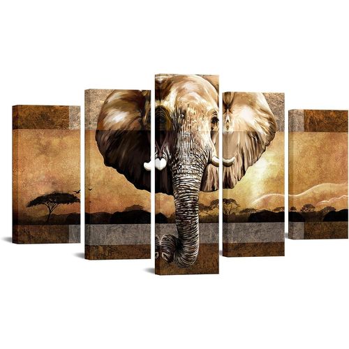 Impression sur toile d'éléphant d'Afrique, éléphant sauvage au coucher du soleil, arbres, paysage africain, pour chambre à coucher, salon, tendue et 200 x 100 cm. (sans cadre)